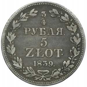 Russian partition - Nicholas I, 3/4 ruble = 5 zlotys 1839 MW, Warsaw