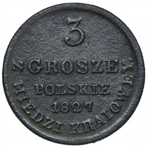 Królestwo Polskie, 3 grosze 1827 IB Warszawa, z MIEDZI KRAIOWEY