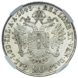 Austria, Ferdinard I, 20 krajcars 1843 M, Milano NGC MS61