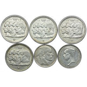 Belgia, 20 franków 1934, 1950, 100 franków 1949-1951 (6 sztuk)