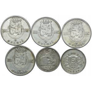 Belgia, 20 franków 1934, 1950, 100 franków 1949-1951 (6 sztuk)