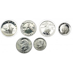 USA, 1/2 dolara 1968, 1982, 1 dolar 1971, 1986, 1988, 1992 (6szt.)