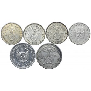 Germany, 2 marks, 5 marks 1934-39 (6pc).