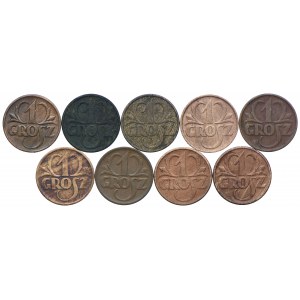 Second Republic set, 1 penny 1923-39 (9pcs).