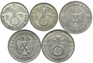 Germany, Third Reich, 2 marks, 5 marks 1935-1938 Hindenburg (5pcs).