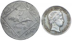 Austria, Francis II, 7 krajcars 1802 C, Prague, Ferdinand I, 5 krajcars 1840 C, Prague