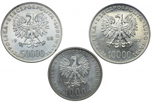 People's Republic of Poland set, 1000 zloty 1982, 10,000 zloty 1987 John Paul II, 50,000 zloty 1988 Jozef Pilsudski (3pc).