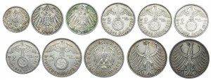 Niemcy, zestaw 1/2 marki, 1 marka, 2 marki, 5 marek 1907-1966 (11szt.)