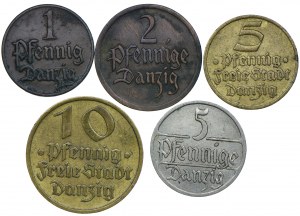 Free City of Danzig, 1 pfennig 1923, 2 pfennigs 1926, 5 pfennigs 1923, 1932, 10 pfennigs 1932 (5pc).