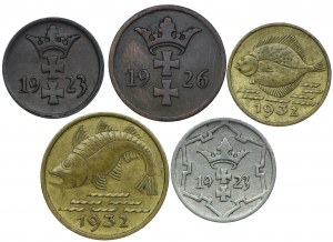 Free City of Danzig, 1 pfennig 1923, 2 pfennigs 1926, 5 pfennigs 1923, 1932, 10 pfennigs 1932 (5pc).