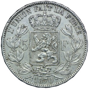Belgia, Leopold II, 5 franków 1870, Bruksela