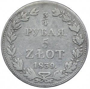 Russian partition, Nicholas I, 3/4 ruble=5 gold 1839 MW, Warsaw