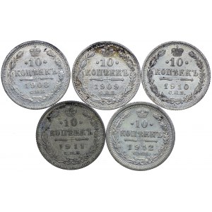 Russia, Nicholas II, 10 kopecks 1908-1912 (5pc).