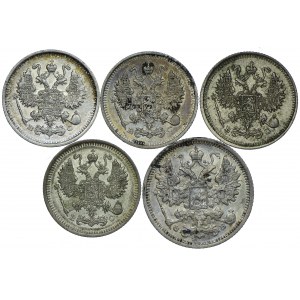 Russie, Nicolas II, 10, 15 kopecks 1908-1914 (5pc).