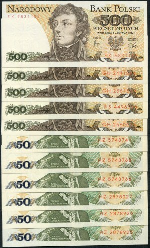 Set of banknotes, 50 zloty 1988, 500 zloty 1982 (11pcs).