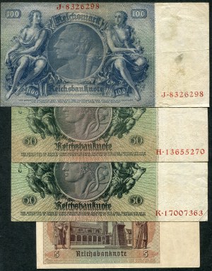 Zestaw banknotów, 5 marek 1942, 50 marek 1933, 100 marek 1935 (4szt.)