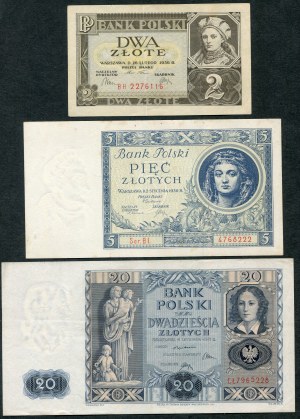 Set of banknotes, 2 zloty 1936, 20 zloty 1936, 5 zloty 1930 (3pcs.)