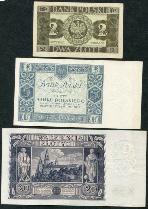 Set of banknotes, 2 zloty 1936, 20 zloty 1936, 5 zloty 1930 (3pcs.)