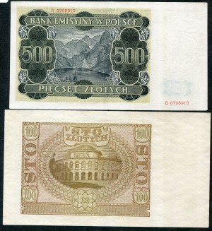Jeu de billets, 100 zloty 1940, 500 zloty 1940 (2pc).