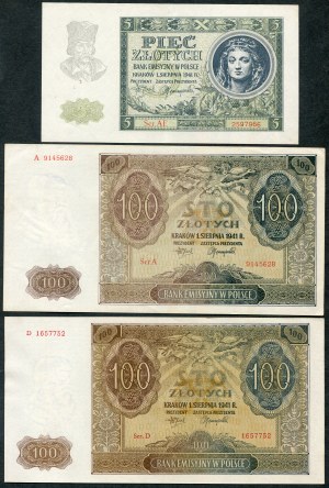 Jeu de billets, 5 zloty 1941, 100 zloty 1941 (3pc).