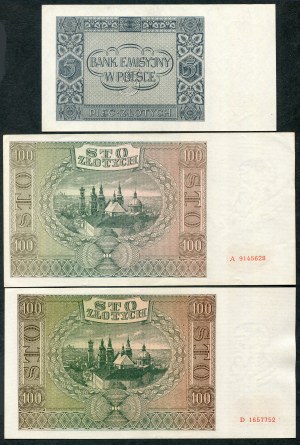 Jeu de billets, 5 zloty 1941, 100 zloty 1941 (3pc).