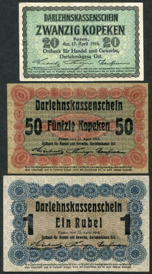 Poznan, 20 kopecks 1916, 50 kopecks 1916, 1 ruble 1916 (3pc).