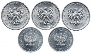 Set di DESTRUTTORI, 20 centesimi 1981, 50 centesimi 1986 (5 pz.).