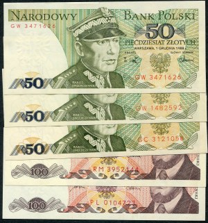 Set of PRL banknotes, 50 zloty 1988, 100 zloty 1986/88