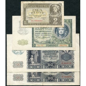 Set of banknotes, 2 zlotys 1936, 5 zlotys 1941, 20 zlotys 1936 (4pcs).