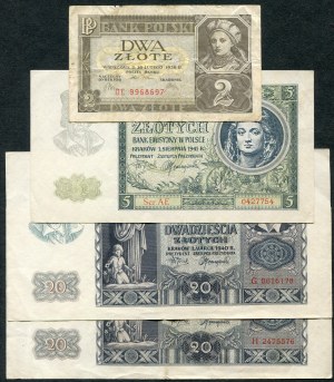 Set of banknotes, 2 zlotys 1936, 5 zlotys 1941, 20 zlotys 1936 (4pcs).