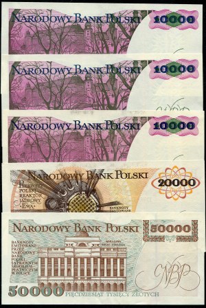 Set of PRL banknotes, 10,000 zloty 1988, 20,000 zloty 1989, 50,000 zloty 1993