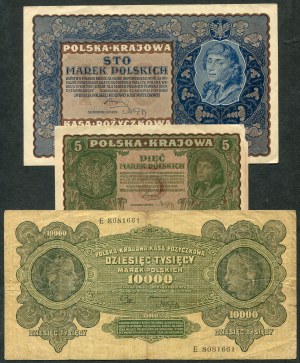 Set of banknotes, 100 marks 1919, 5 marks 1919, 10,000 marks 1922