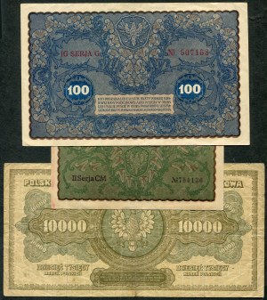Serie di banconote, 100 marchi 1919, 5 marchi 1919, 10.000 marchi 1922