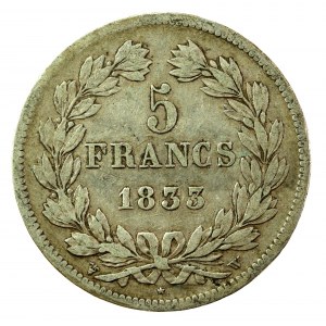 Francja, Ludwik Filip I, 5 franków 1833 W, Lille (530)
