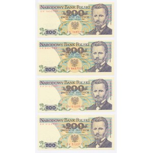 Volksrepublik Polen, 200 Zloty 1988. Insgesamt 4 Stück. Verschiedene Serien (431)