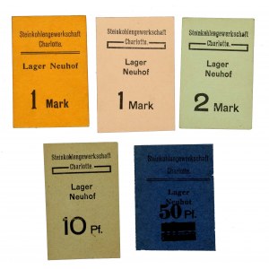 Czernica (Charlottegrube), zestaw 10 i 20 pfennige oraz 1, 1 i 2 mark Lager Neuhof. Razem 5 szt. (518)