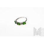 Ring with 3 Natural Tsavorites 0.78 Ct and 2 Natural White Sapphires 0.12 Ct, 925 Silver