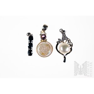 Set of Pendants with Natural Stones min: Sapphires, White Topaz and Amethyst and Natural Pearls, 925 Silver.