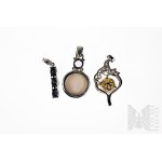 Set of Pendants with Natural Stones min: Sapphires, White Topaz and Amethyst and Natural Pearls, 925 Silver.