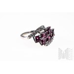 Pierścionek z 6 Naturalnymi Granatami Rhodolite 1.78 ct i 14 Białymi Cyrkonami 0.34 ct,, Srebro 925, Posiada Certyfikat Gemporia