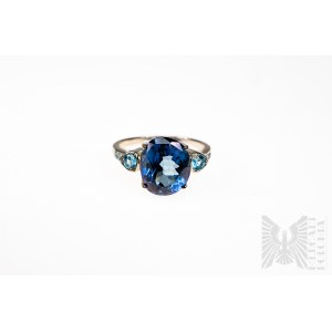 Pierścionek z Naturalnym Topazem Hope 6.40 ct i 6 Topazów Swiss Blue 1.06 ct, Srebro 925, Posiada Certyfikat Gemporia