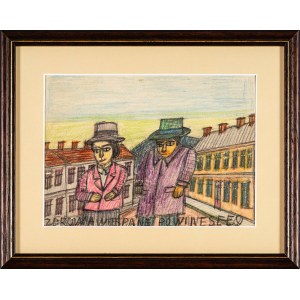 Nikifor Krynicki (owner: Epifaniusz Drowniak) (1895 - 1968), Couple of visitors against the background of the city, ca. 1960.