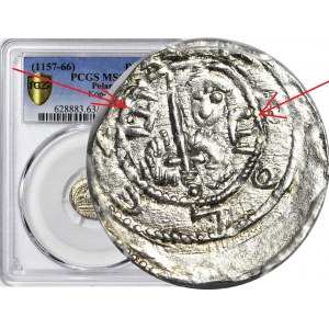 RRR-, Bolesław IV Kędzierzawy 1146-1157, Denar, Rycerz odwrócone E/E, książę z NOŻEM, RUSZT, kropki po bokach