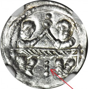 R-, Bolesław IV Kędzierzawy 1146-1157, Denar bracia za stołem, Rycerz obok 3 kropki, 3 KROPKI pod stołem, WYŚMIENITY