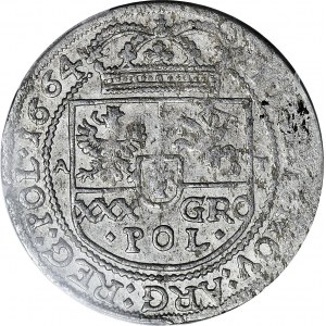 Jan Kazimierz, Tymf 1664, Kraków, wąska korona nad monogramem, piękny