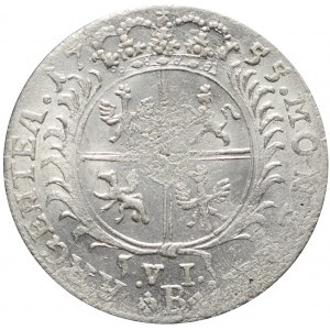 Naśladownictwo pruskie szóstaka lipskiego Augusta III, 6 krajcarów Wrocław 1755, piękne