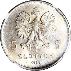 5 złotych 1928 Nike, ze znakiem, Warszawa, piękna