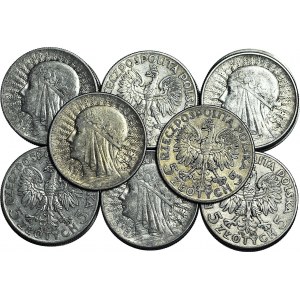 Zestaw 96 monet srebrnych 5 złotych głowa kobiety 1932-1934