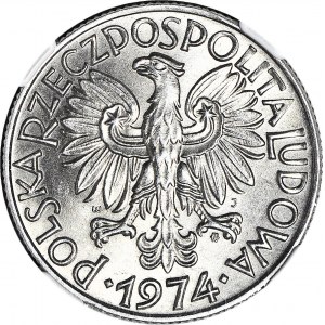R-, 5 złotych 1974 Rybak, DESTRUKT, SKRĘTKA 90 stopni, rzadkie