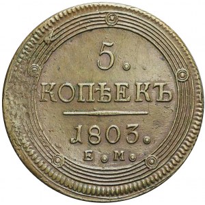 Rosja, Aleksander I, 5 kopiejek 1803 EM, Jekaterinburg, bardzo ładne